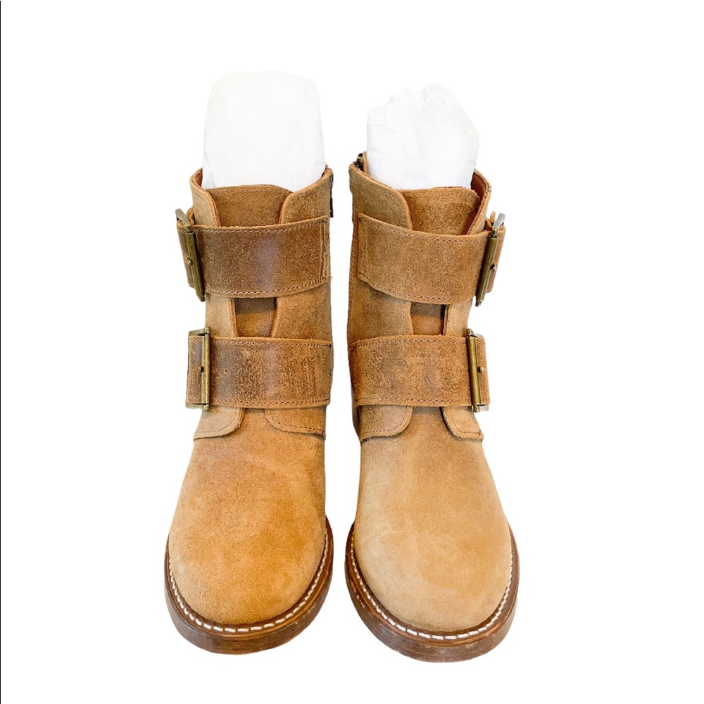 Frye Tan Suede Double-Buckle Heeled Ankle Boots - Picture 2 of 15
